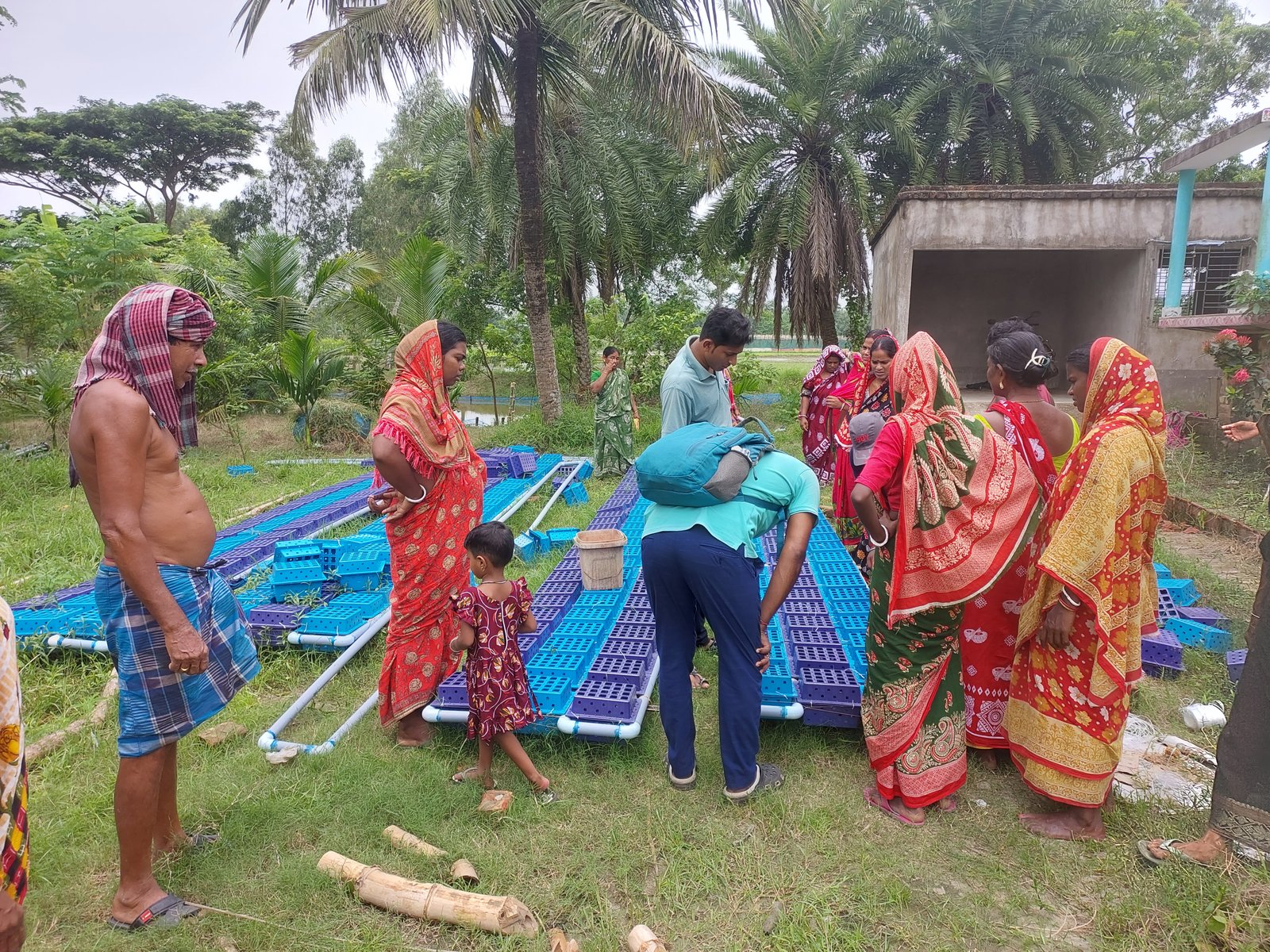 Women working with aquaculture enclosures at a pond